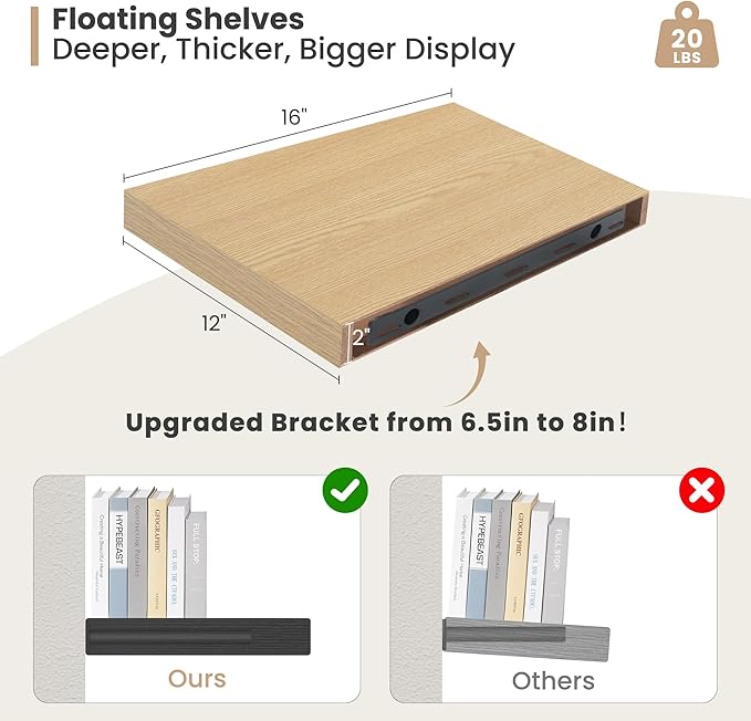 Heimlove 12 Inch Deep Floating Shelves, 16 x 12 inches Long Wall Shelf, Large Extra Display Shelf & Storage Shelf, Rustic Wood Wall Shelves for Fireplace Mantel, Oak - 2Pack