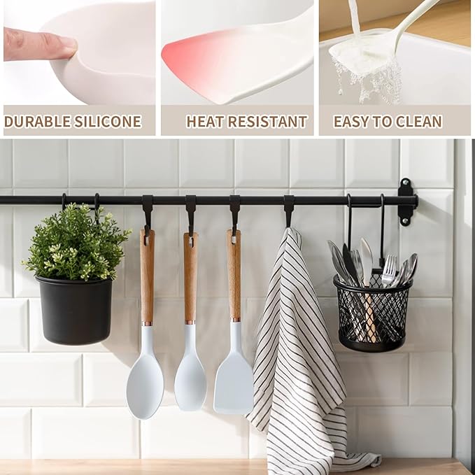 13-Piece silicone utensil set wood handle nonstick cookware safe dishwasher safe kitchen tools BPA free heat resistant (450°F/230°C) ceramic pan safe cooking gifts housewarming (White)