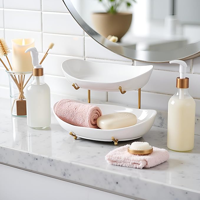 HBlife Fruit Bowl for Kitchen Counter - 2 Tier Fruit Basket with Metal Stand, Ceramic Fruit Holder for Fruit Vegetable Storage, Serving Platters Serving Trays for Party