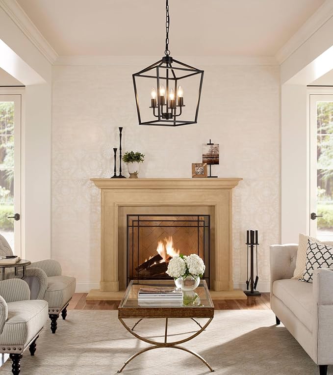 AMZASA UL Listed Black Industrial 4 Light Lantern Chandelier Ceiling Light Fixtures Farmhouse Metal Cage Rustic Geometric Pendant Light for Kitchen Island Entryway Dining Room Stairs and Hallway