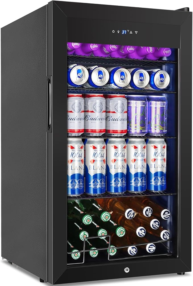 128 Cans Beverage Refrigerator Cooler, 3.2 Cu.Ft Mini Drink Fridge Glass Door for Drink Beer Soda Wine, Small Beer Fridge with 4 Removable Shelves for Kitchen Bedroom, Office Bar Gaming Room, Black