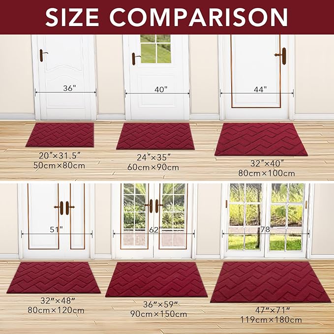 hicorfe Indoor Doormat,Front Back Door Mat Rubber Backing Non Slip Door Mats 20"x48" Absorbent Resist Dirt Entrance Doormat Inside Floor Mats for Entryway Washable Low-Profile(Red)