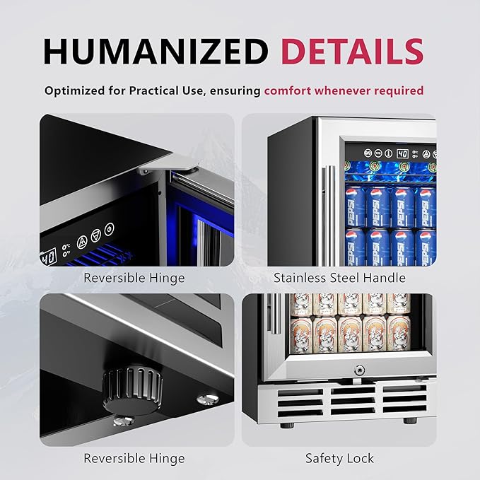 15'' Beverage Refrigerator Cooler - 126 Cans Under Counter Beverage Fridge with LED Light, Built-in Design, Wine Cooler for Home/Kitchen