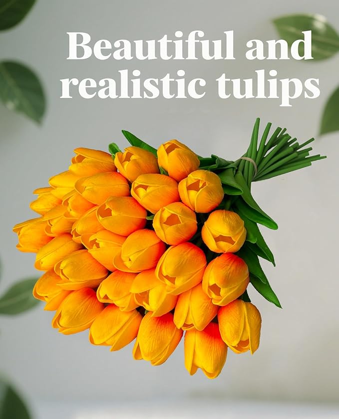 15 Heads Artificial Flowers PU Real Touch Tulip Bouquets Orange Tulips Faux Tulips Latex Fake Flower Bouquet for Spring Wedding Home Décor Centerpiece Arrangements