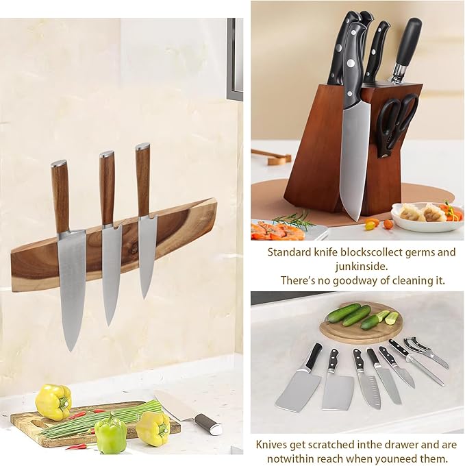 12.5 Inch Magnetic Knife Holder for Wall,Acacia Wood Knife Magnetic Strip,Knife Holder Wood Magnetic,No Drilling Knife Magnetic Strip-Strong Knife Magnet- for Kitchen Knives and Tools