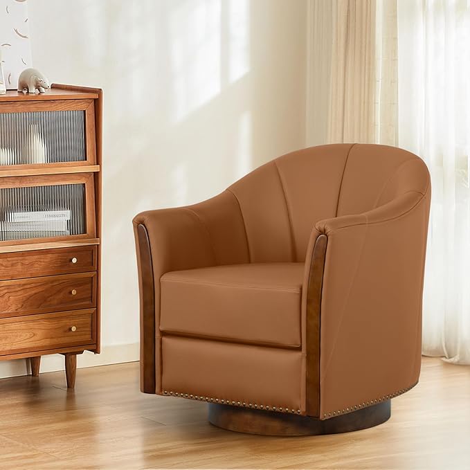 360° Swivel Accent Chair, Modern Leather Barrel Club Chair with Leather Upholstery and Sturdy Wood Base, Comfortable Armchair for Living Room, Bedroom, Reading Nook, Brown
