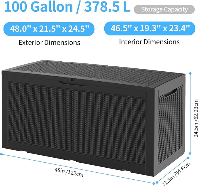 100 Gallon Outdoor Storage Box,Large Waterproof Resin Deck Box,Lockable Storage Container with Reinforced Support for Patio Cushions,Garden Tools,UV-Resistant๏ผBlack Rattan๏ผ