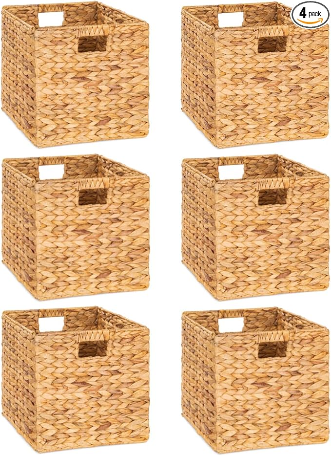 12 x 12in Water Hyacinth Storage Baskets, Wicker Storage Baskets for Shelves, Woven Baskets for Storage, Wicker Storage Basket for Bedroom, Living Room, Nursery Room (Natural 6 Packs 12x12in)