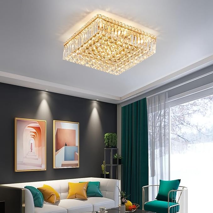 12-Lights Gold Crystal Flush Mount Ceiling Light Fixtures,Elegant Crystal Chandelier Pendant Ceiling Lamp for Bedroom,Living Room,Dining Room,Hallway H5.9 x W20 x L20 (Bulb Not Included) Square