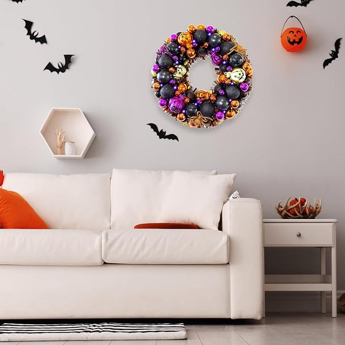 13.8 Inch Halloween Ball Wreath for Front Door with Lights, Lighted Cute Treat-or-Trick Door Wreath Ball Ornament for Halloween Indoor Decorations Centerpiece Party Holiday Wall Home Decor