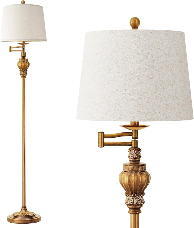 61" Vintage Floor Lamp with 350° Adjustable Swing Arm, Gold Standing Lamp for Bedroom Living Room Nightstand Bedside Retro Farmhouse Mid Century Lamp Light Home Décor Office Gifts
