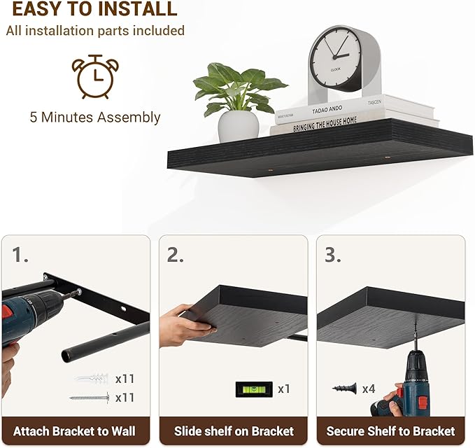 16 Inch Floating Shelves, 16"x9.25"x1.5" Inch Deep Floating Shelves for Wall, Wooden Shelves for Bathroom, Bedroom, Living Room, Black