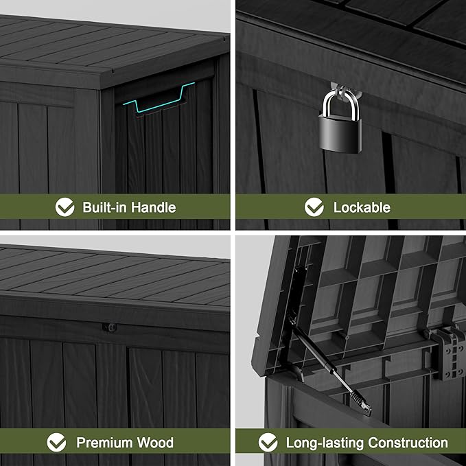 120 Gallon Outdoor Deck Box,Storage Lockable Waterproof Patio Furniture,Garden Tools,Cushions,Pool Accessories Outside Storage Resin Box(Black)