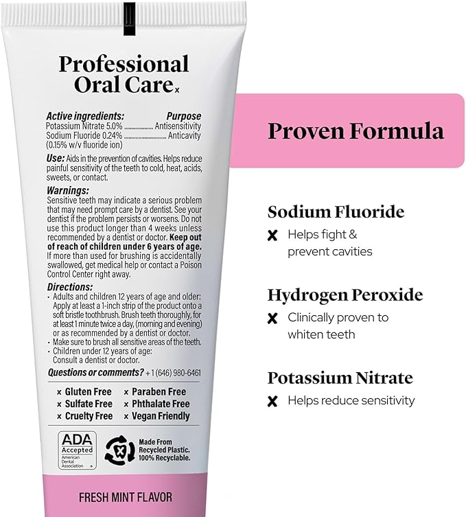 Professional Sensitive + Whitening Toothpaste - Advanced Daily Whitening Toothpaste for Sensitive Teeth, ADA Approved, Vegan, Sulfate-Free, 2 x 4.2oz