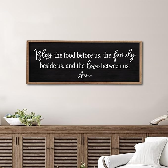 Bless the Food Before Us Sign Wall Decor 40"X15" Large Farmhouse Dining Room Wall Decor Framed Wood Rustic Home Wall Art Kitchen Decoration (Wood Black)