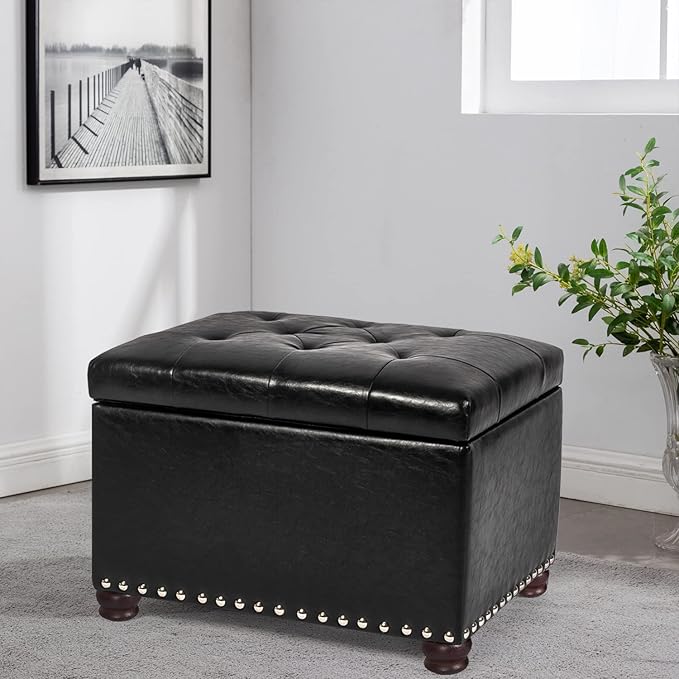 24'' Leather Storage Ottoman Rectangular Foot Rest Stool with Nailhead Trim Toy Chests & Storage Room Organizer for Bedroom Living Room(Black)