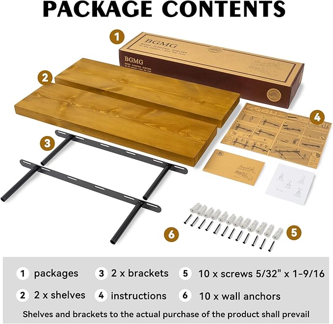 BGMG Wood Floating Shelves for Wall 24 inch Set of 2, Rustic Wooden Wall Mount Shelves for Living Room Bedroom Kitchen Farmhouse-24x6.7x1.25 inch- Gold Oak