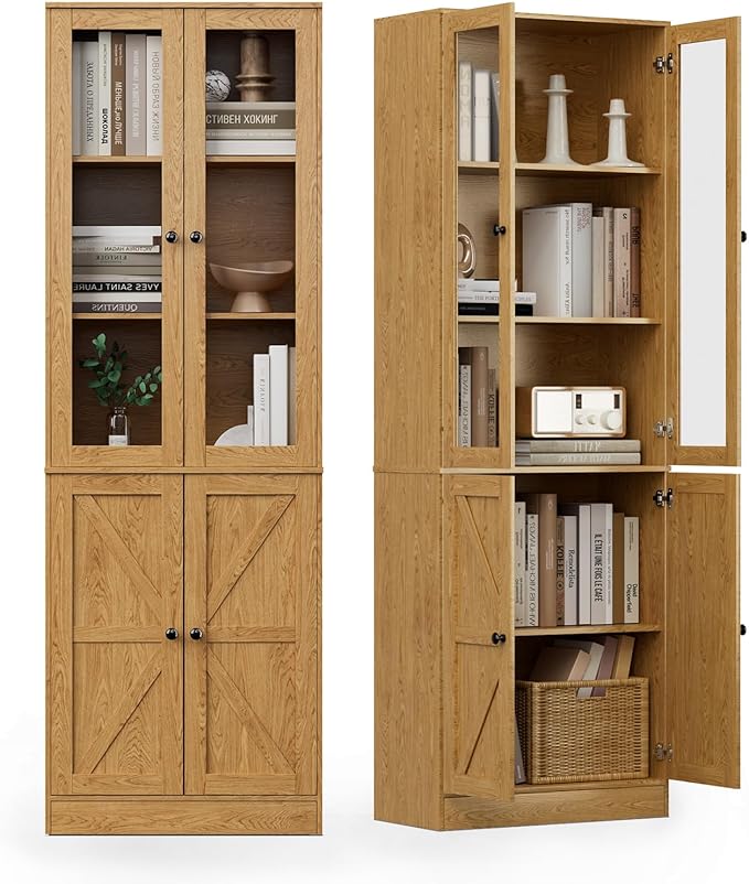 Bookcase with Doors, Tall Cabinets Storage Shelves, 5 Tier Bookshelf with Storage Cabinet, Light Wood Rustic Display Shelf Home Decor Furniture for Office, Living Room, Bedroom, Kitchen, Dining Room