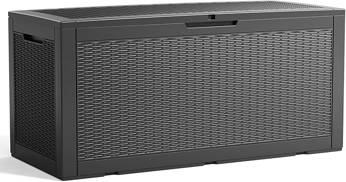 100 Gallon Outdoor Storage Box,Large Waterproof Resin Deck Box,Lockable Storage Container with Reinforced Support for Patio Cushions,Garden Tools,UV-Resistant๏ผBlack Rattan๏ผ