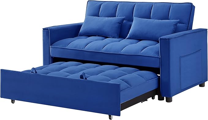 3 in 1 Convertible Sleeper Sofa Bed,Futon Loveseat Couch with Pull-Out Bed & Adjustable Backrest,Velvet Fabric Sofa with Side Pocket for Small Apartment, Living Room, Office (Blue)