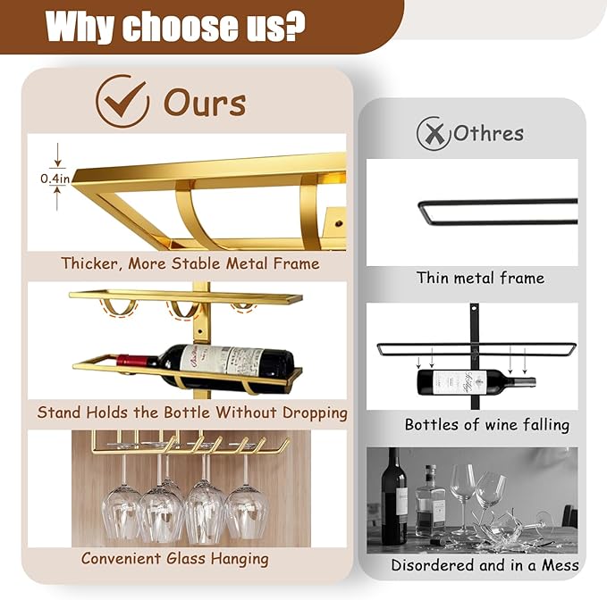 16 Bottle Wall Mount Wine Rack with Wine Glass Holder, Metal Wine Wall Rack, Wall Racks for Wine Bottles Display and Storage, Hanging Bottle Organizer for Living Dining Room Wine Cellar Bar (Gold)