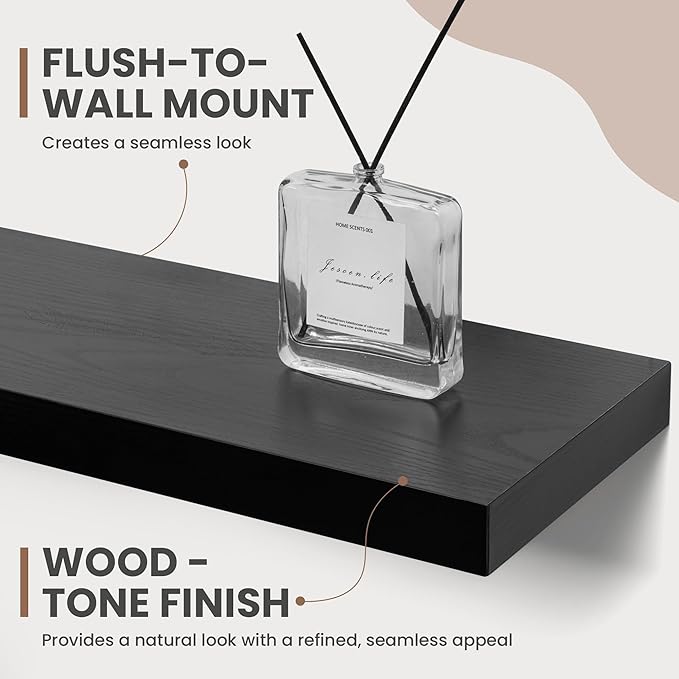 40 Inch Floating Shelves, 8 Inch Deep Floating Shelves for Wall, Hanging Shelf with Invisible Brackets, Deep Shelves for Bathroom, Bedroom, Living Room, Black, Set of 2