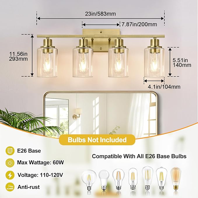 4 Light Bathroom Light Fixtures, Brass Vanity Lights for Bathroom with Clear Glass Shades, Modern Bathroom Wall Sconces for Mirror Living Room Cabinet