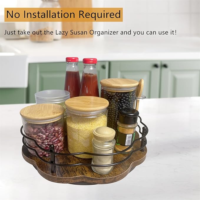 13" Lazy Susan Turntable Organizer with Higher Metal Sides, 360° Rotating Wooden Lazy Susan Organization and Storage for Cabinet,Kitchen,Countertop,Table Top,Dining Table,Coffee Bar Decor