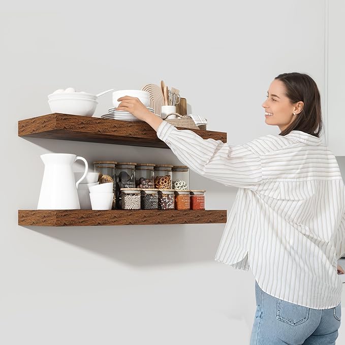 Heimlove 36 Inch Floating Shelves for Wall Set of 2,Rustic Brown Wall Shelves for Storage & Decor - Heavy Duty with Invisible Brackets,Perfect for Living Room,Bedroom,Home Office