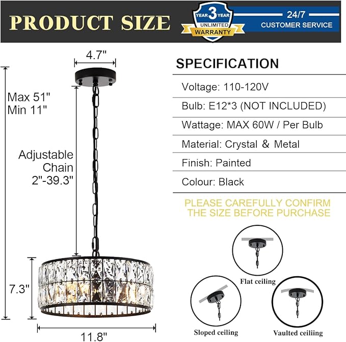 12” 3-Light Modern Crystal Chandeliers Black Dinning Room Light Fixture, Round Pendant Light Kitchen Island Chandelier, Flush Mount Ceiling Light for Living Room Entryway Bedroom Foyer
