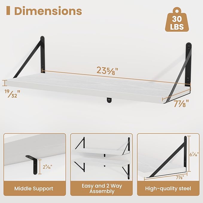 Heimlove 24 Inches White Floating Shelves,8 Inches Deep Wall Bookshelf Mounted Display&Storage Wood Wall Shelves for Kitchen Bathroom Laundry Living Room,Set of 3