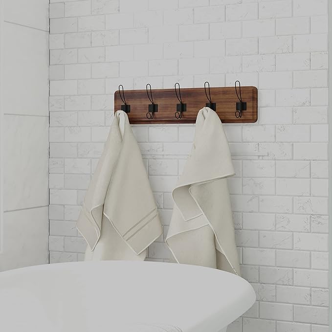 HBCY Creations Dark Wash Brown Rustic Coat Rack Wall Mount with 5 Hooks, Solid Pine Wood 24 inch Wall Hooks for Entryway, Mudroom, Hallway, Bathroom - Vintage Farmhouse Style Wall Mounted Towel Rack