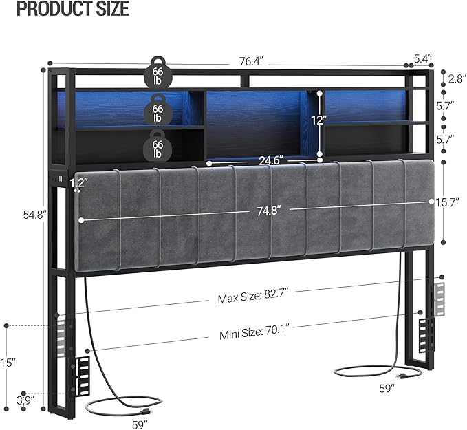 Headboard with 3-Tier Storage Shelves, Velvet Upholstered Head Board with 2 Outlets, USB Ports & LED Light, Soft Backrest for King Size Bed, Black BH19404B