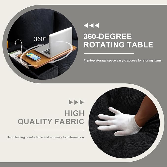 120.3" Modern L-Shaped Sectional Sofa with 360°Swivel Drop-Down Table, Storage Armrest, USB Ports & Movable Storage Ottoman – Plush Linen Cloud Couch for Lounge (Black)