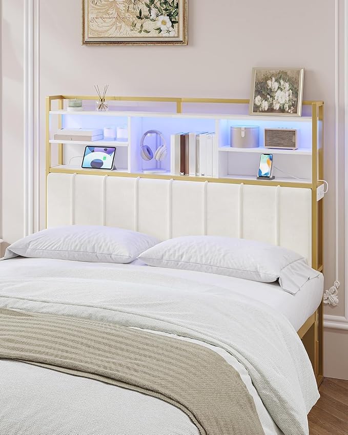 Headboard with 3-Tier Storage Shelves, Velvet Upholstered Head Board with 2 Outlets, USB Ports & LED Light, Soft Backrest for Queen Size Bed, White and Gold BH15203AV1