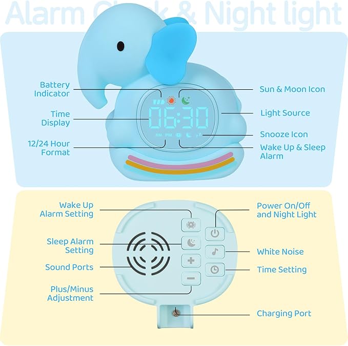 Alarm Clock for Kids with Night Light, Sleep Training Clock Time to Wake Clock, Rechargeable Silicone Light for Bedroom, Perfect Sleep Companion for Boys Girls,Blue Elephant