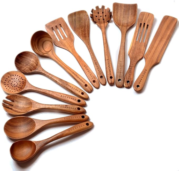 12 Pack Wooden Spoons for Cooking - Natural Teak Kitchen Utensils Set with Spatulas