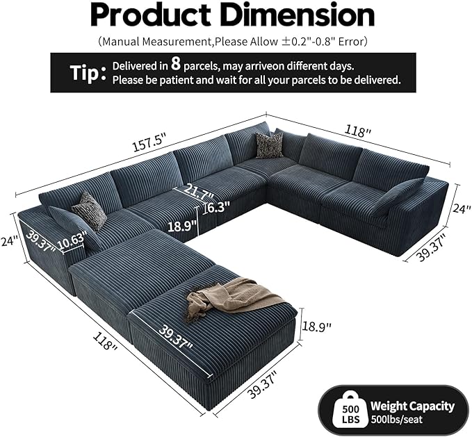 157.5" Cloud Couch Oversized Modular Sectional Sofa for Living Room,Modern Sofa with Deep Seat,8 Seater Boneless Couch with 2 Ottoman,Comfy Upholstered Couches for Apartment, Studio, Office,Blue