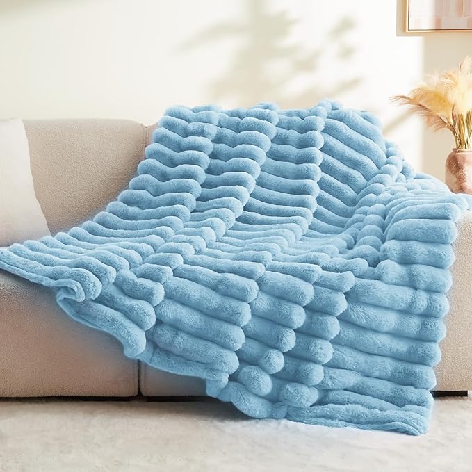 BEDELITE Faux Rabbit Fur Blanket, Luxurious 3D Striped Spring Blanket for Decor & Gift, Soft and Warm Plush Fluffy Faux Fur Throw Blanket All Seasons Suitable, (Light Blue, 50"x 60")
