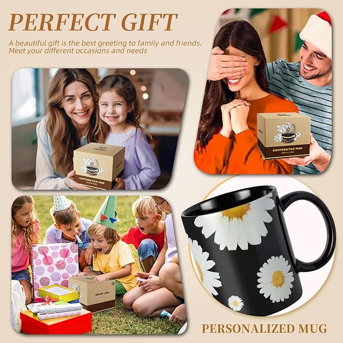 12Oz Daisy floral Black Ceramic Mug, Mug for Daily Coffee and Tea, Lead-free Microwave and Dishwasher Safe Coffee Mug, Perfect gifts for Women and men