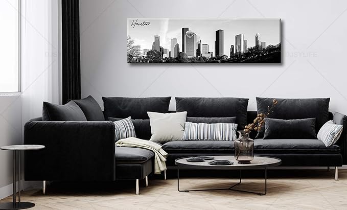 Black and White Wall Art Houston Skyline Canvas Print Picture Panoramic Cityscape Poster Decoration for Bedroom Office Home Decor Framed and Ready to Hang, 13.8"x47.3"
