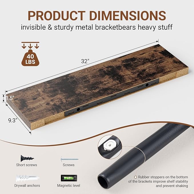 Heimlove 32 Inch Floating Shelves for Wall,Rustic Brown 9.3" Deep Floating Shelf Set of 2,Wall Mounted Shelves for Bathroom Bedroom Living Room Kitchen Office,Shelf for Books Storage Room,Home Decor