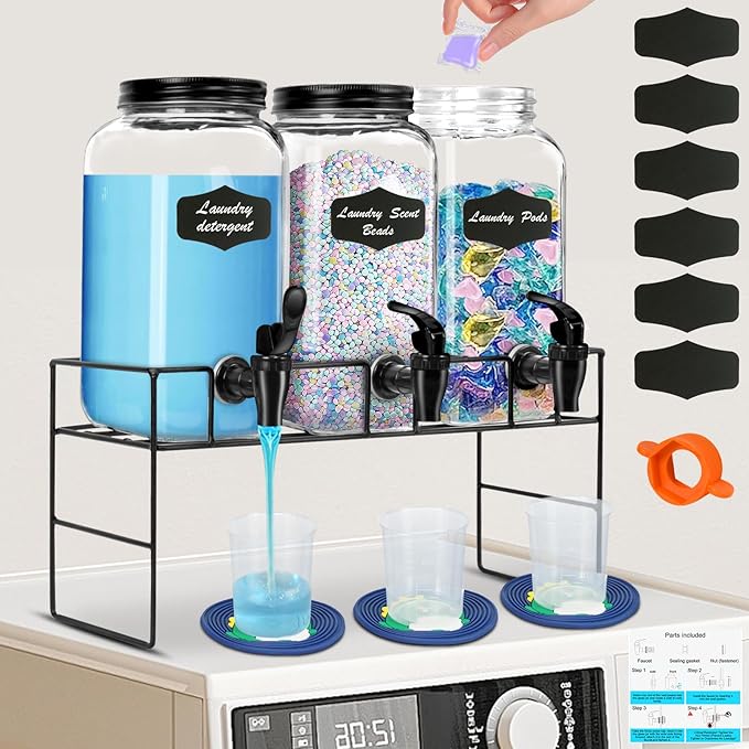 3-Pack 2.2L Glass Laundry Detergent Dispenser Set with Stand - Premium Liquid Soap Dispenser with PP Spigots, Measuring Cups, and Chalkboard Labels for Laundry Room Organization and Storage