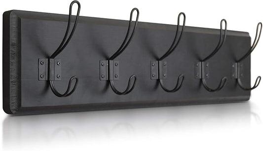 HBCY Creations Black Rustic Coat Rack Wall Mount with 5 Hooks, Solid Pine Wood 24 inch Wall Hooks for Entryway, Mudroom, Hallway, Bathroom - Vintage Farmhouse Style Wall Mounted Towel Rack