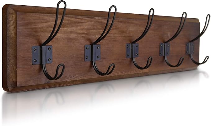 HBCY Creations Dark Wash Brown Rustic Coat Rack Wall Mount with 5 Hooks, Solid Pine Wood 24 inch Wall Hooks for Entryway, Mudroom, Hallway, Bathroom - Vintage Farmhouse Style Wall Mounted Towel Rack