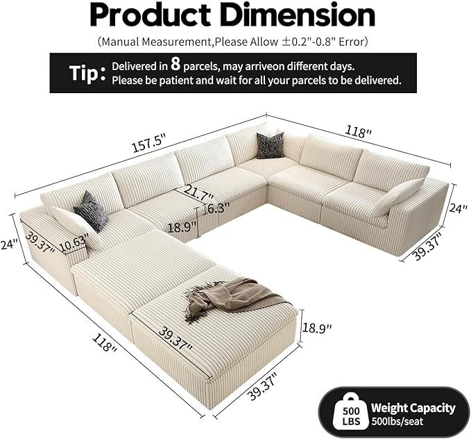 157.5" Cloud Couch Oversized Modular Sectional Sofa for Living Room,Modern Sofa with Deep Seat,8 Seater Boneless Couch with 2 Ottoman,Comfy Upholstered Couches for Apartment, Studio, Office,White