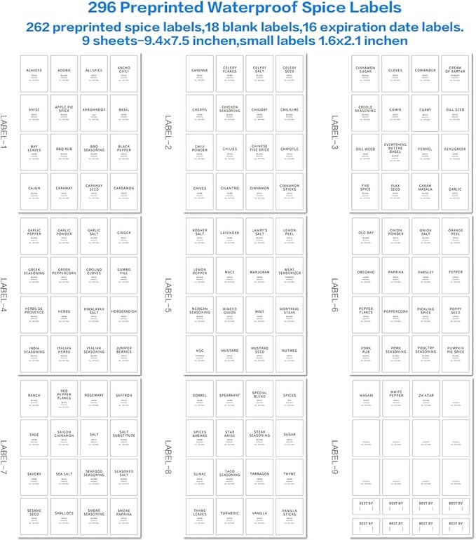 12 Pcs Glass Spice Jars With 296 Spice Labels Preprinted of White and Black Color- 10oz Thicken(2.4mm) Spice Containers With Bamboo Airtight Lids - Empty Small Herb Seasoning Jars