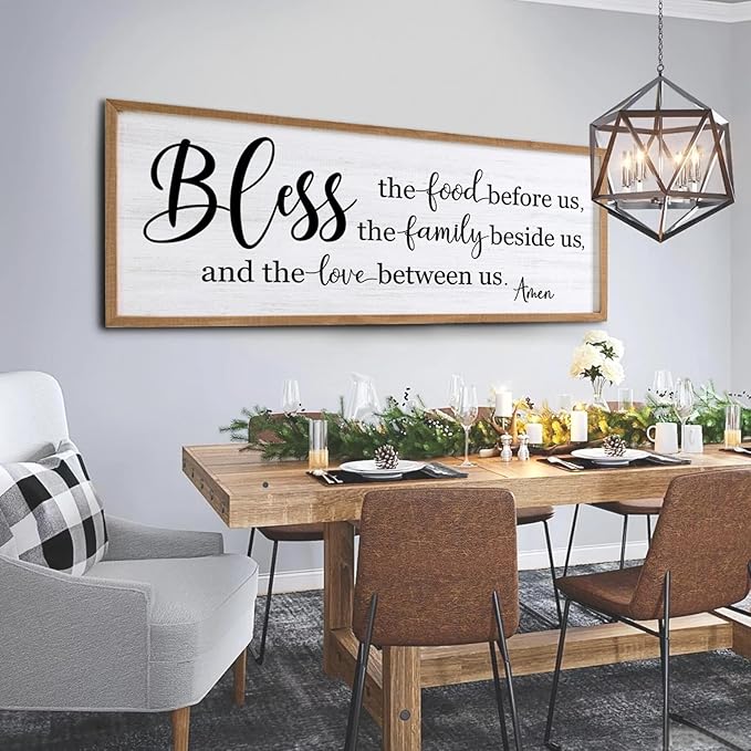 Bless the Food Before Us, the Family Beside Us, and the Love between us Framed Wall Art for Dining Room, 40''×15'' Holy Positive Religious Rustic Bible Verse for Christian God Jesus Christ Prayer