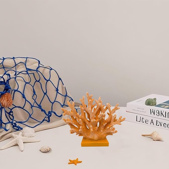 5.8" H Orange Coral Decor - Resin Coral Statue, Nautical Decor for Home, Bedroom, Bathroom, Living Room, Ocean Themed Cabinet Shelf Tabletop Decoration