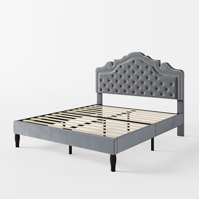 Allewie Queen Size Bed Frame with Adjustable Velvet Tiara Headboard, Upholstered Diamond Button Tufted Platform Bed, Wood Slats Support, No Box Spring Needed, Light Grey